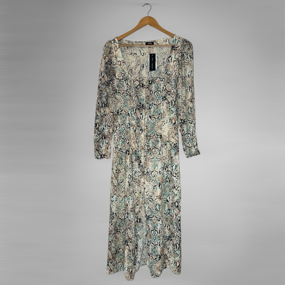 New AFRM Long Sleeve Midi Dress, Aqua All-Over Snake Print, Size Medium